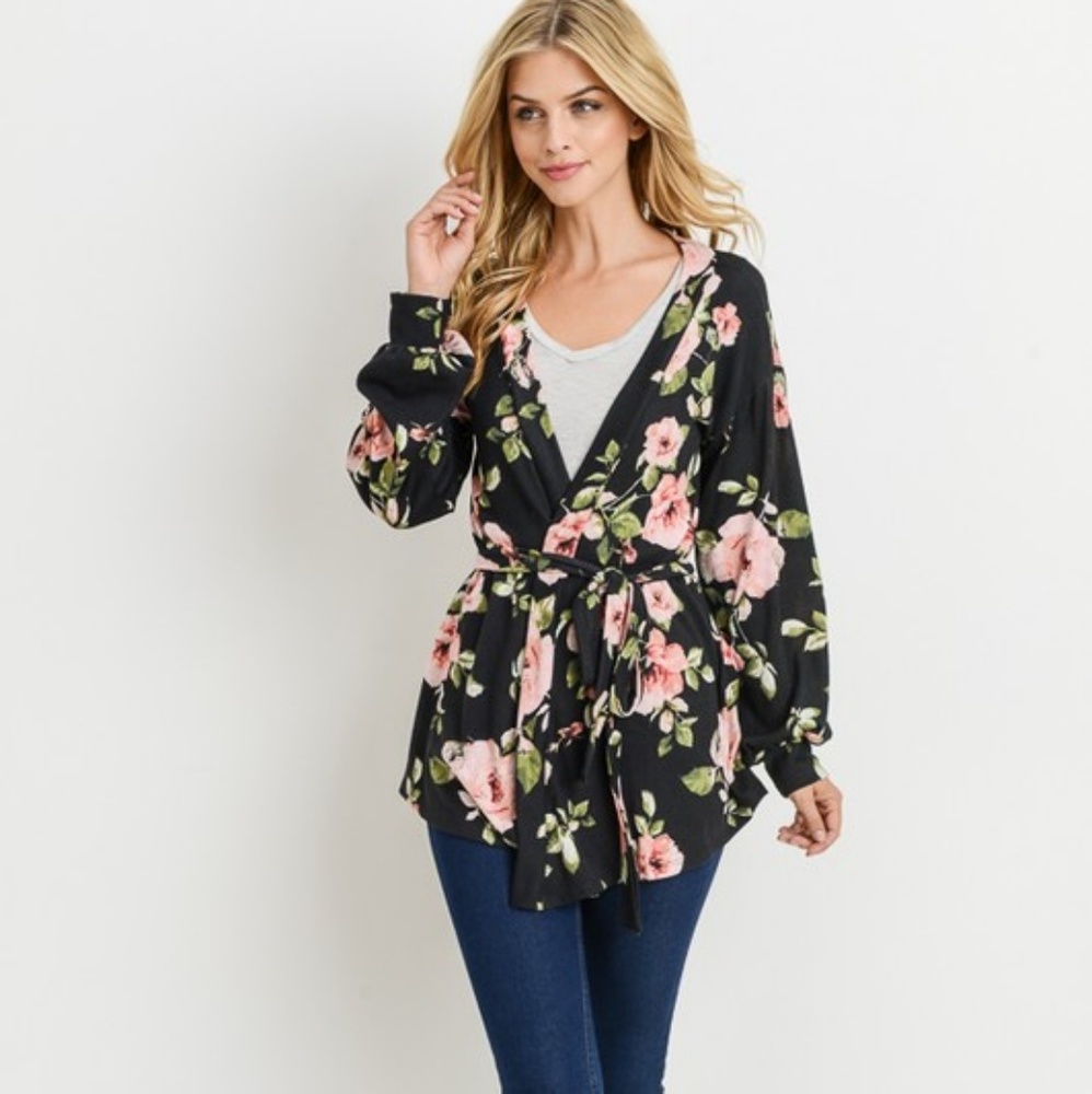 2 LEFT! Floral puff sleeve belted cardigan - Picture 3 of 8